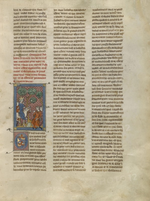 Kahedin and Iseult Meeting Palamedes and Lancelot by a Spring; Paris, France; about 1320 - 1340; Tempera colors, gold paint
