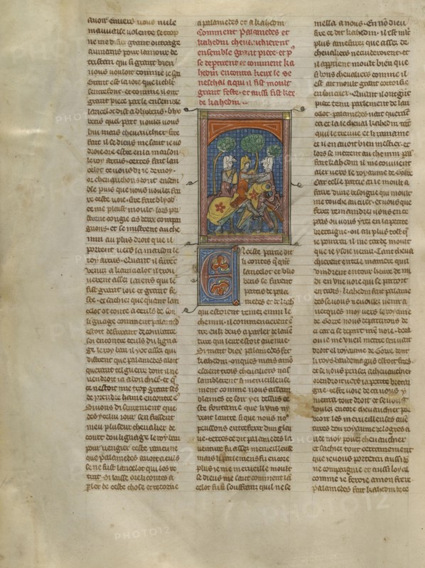 Kahedin and Palamedes Meeting the Seneschal Keu; Paris, France; about 1320 - 1340; Tempera colors, gold paint, and silver
