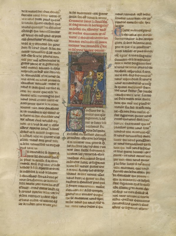 Tristan Freeing a Demoiselle from Brehus sans Pitie; Jeanne de Montbaston, French, active about 1320 - 1355, Paris, France