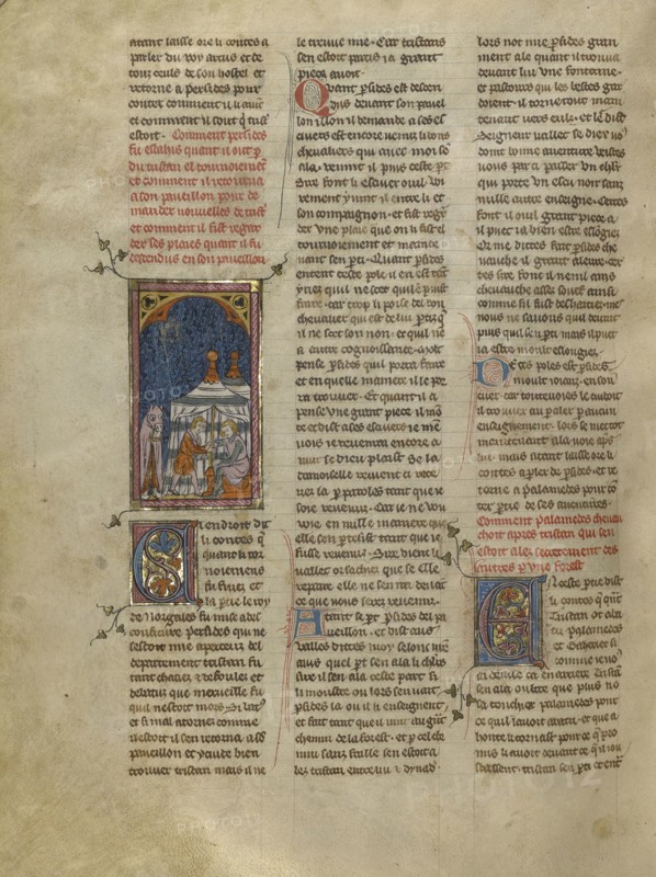 Persides in his Tent with a Servant of Tristan; Paris, France; about 1320 - 1340; Tempera colors, gold paint, and silver
