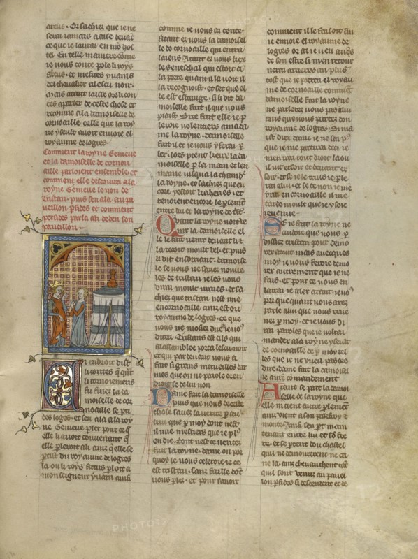 Queen Geneviève Speaking to a Demoiselle from Cornwall; Paris, France; about 1320 - 1340; Tempera colors, gold paint, and silver