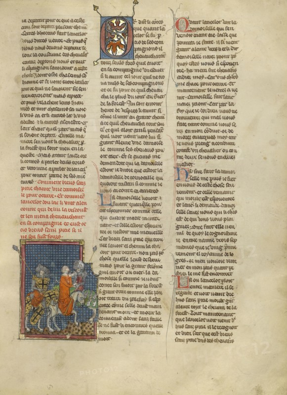 Lancelot Rescuing a Demoiselle from Brehus sans Pitié; Jeanne de Montbaston, French, active about 1320 - 1355, Paris, France
