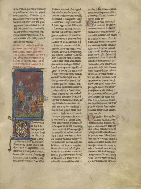 Tristan and Lucan Jousting; Jeanne de Montbaston, French, active about 1320 - 1355, Paris, France; about 1320 - 1340; Tempera