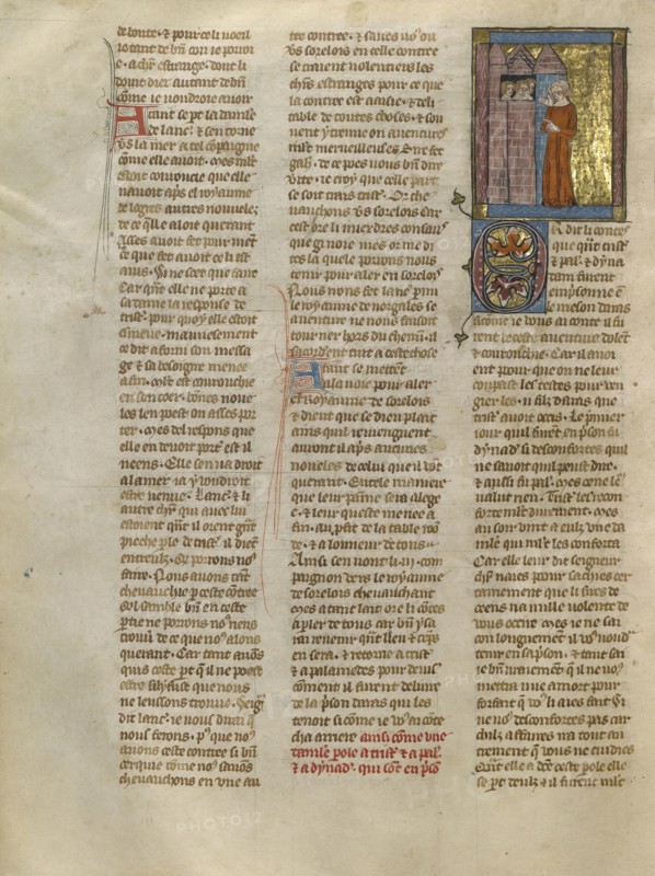 A Demoiselle Speaking to Tristan, Palamedes, and Dynadan in Pris; Jeanne de Montbaston, French, active about 1320 - 1355, Paris