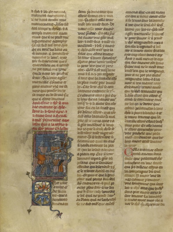 Combat Between Tristan and Knights; Jeanne de Montbaston, French, active about 1320 - 1355, Paris, France; about 1320 - 1340