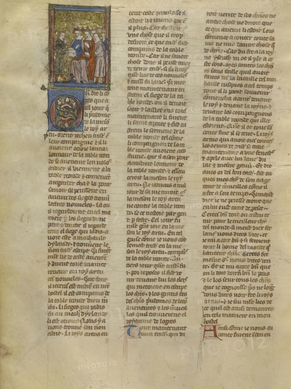 Tristan Speaking to King Arthur, Queen Genevieve, and Knights; Jeanne de Montbaston, French, active about 1320 - 1355, Paris