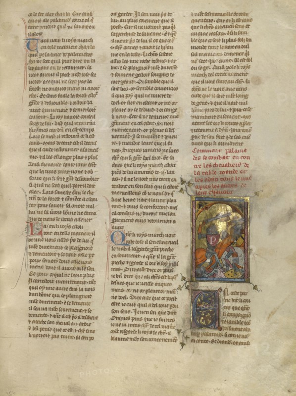 Palamedes Fighting the Knights of the Round Table; Paris, France; about 1320 - 1340; Tempera colors, gold paint, and silver