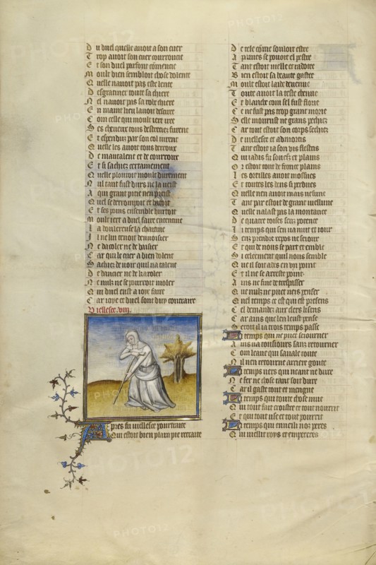 Female Personification of Old Age; Paris, France; about 1405; Tempera colors, gold leaf, and ink on parchment