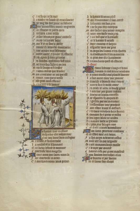 The Female Personification of Courtesy Opening a Garden Door to the Lover; Paris, France; about 1405; Tempera colors, gold leaf