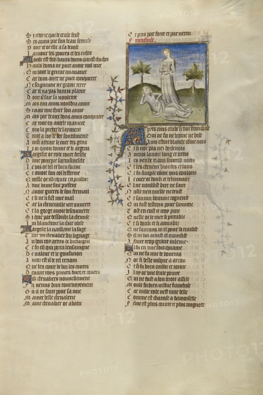 Female Personifications of Poverty and Franchise; Paris, France; about 1405; Tempera colors, gold leaf, and ink on parchment