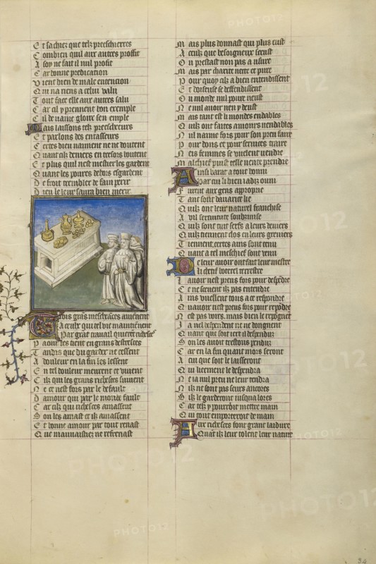 Three Misers at a Table; Paris, France; about 1405; Tempera colors, gold leaf, and ink on parchment