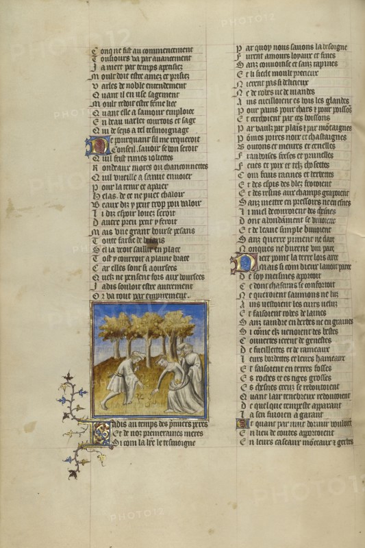 A Woman and Two Men Eating Fruit; Paris, France; about 1405; Tempera colors, gold leaf, and ink on parchment