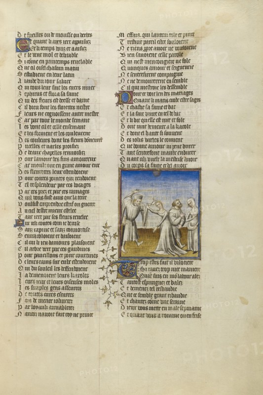 A Husband Beating his Wife with a Stick; Paris, France; about 1405; Tempera colors, gold leaf, and ink on parchment