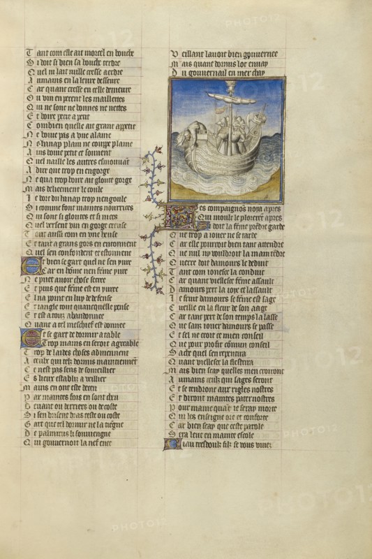 Palinurus Tumbling from Aeneas's Boat into the Sea; Paris, France; about 1405; Tempera colors, gold leaf, and ink on parchment