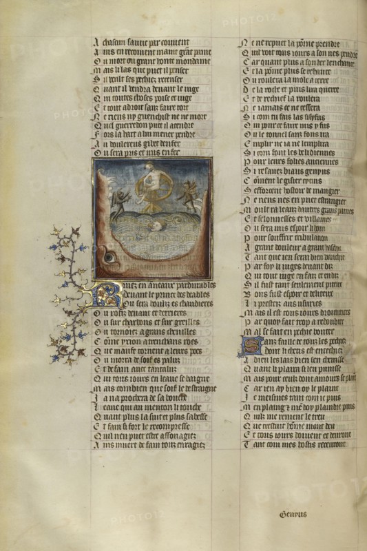 Tantalus and Ixion Suffering Torment in the Underworld; Paris, France; about 1405; Tempera colors, gold leaf, and ink