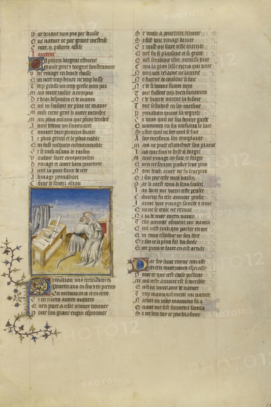 Pygmalion; Paris, France; about 1405; Tempera colors, gold leaf, and ink on parchment bound between pasteboard