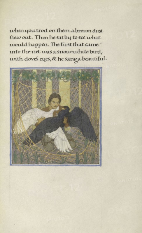 A Hunter with Two Birds in a Net; Florence Kingsford Cockerell, English, 1871 - 1949, England; 1908; Tempera, watercolors, gold