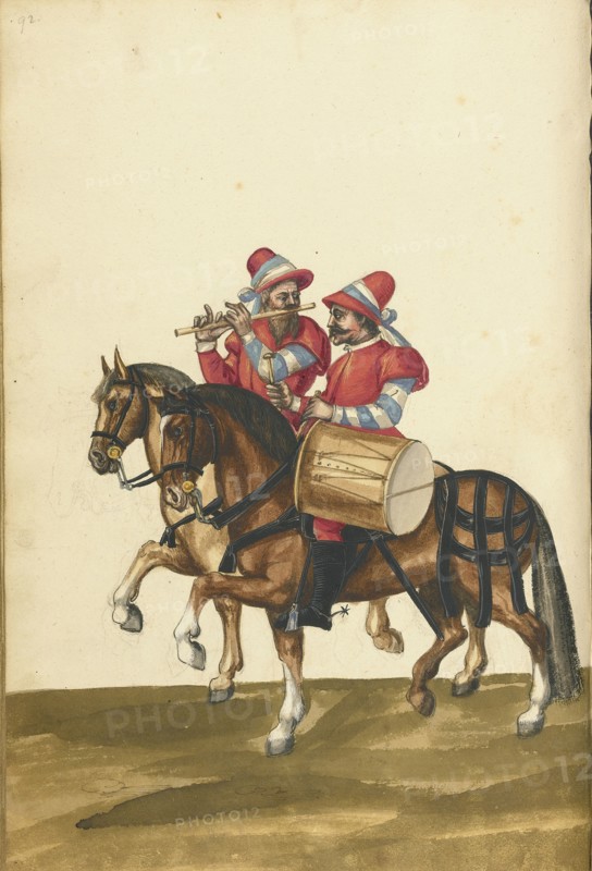 A Drummer and a Flute Player on Horseback; Augsburg, probably, Germany; about 1560 - 1570; Tempera colors and gold and silver