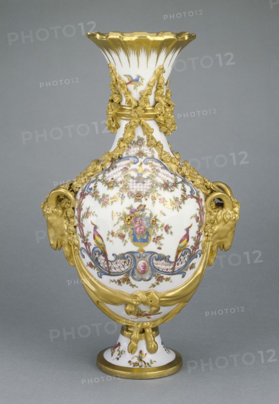 Vase, vase bouc du Barry B, Painted by Fallot, French, active Sèvres, France 1764 - 1790, Gilded by Jean Chauvaux the Younger