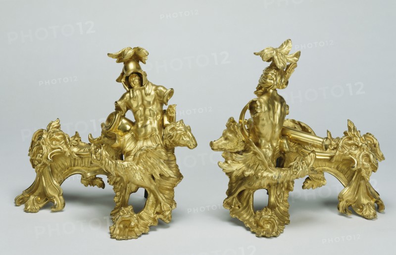 Pair of Firedogs; about 1735; Gilt bronze