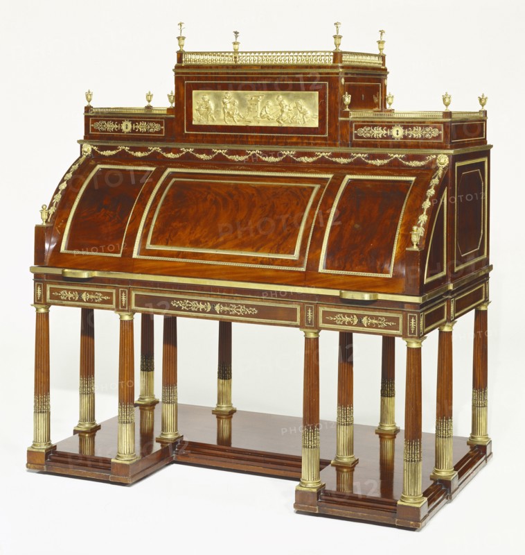 Rolltop Desk; Attributed to David Roentgen, German, 1743 - 1807, master 1780), gilt-bronze plaque attributed to Pierre