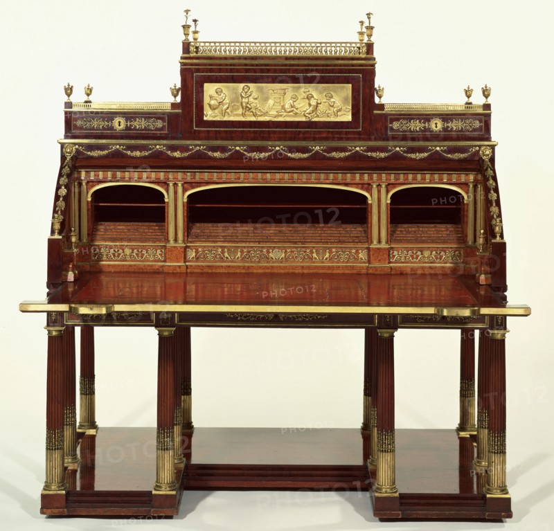 Rolltop Desk; Attributed to David Roentgen, German, 1743 - 1807, master 1780), gilt-bronze plaque attributed to Pierre