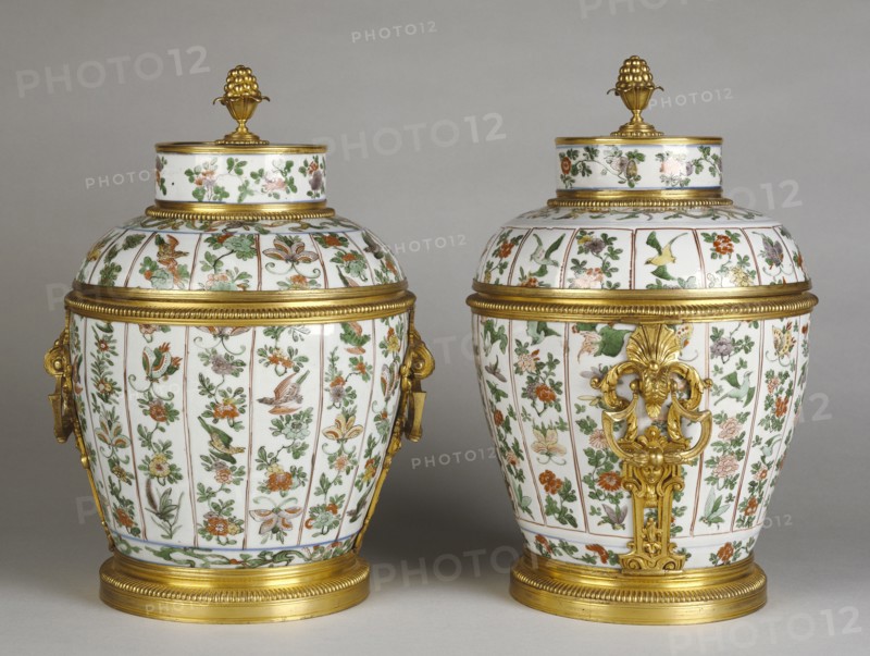 Pair of Mounted Lidded Vases; porcelain about 1700 - 1720; mounts about 1710 - 1715; Hard-paste porcelain, polycrhome enamel