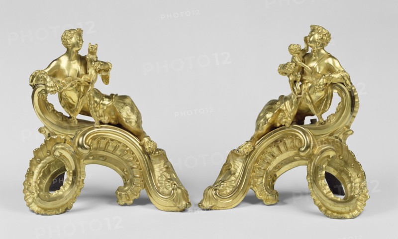 Pair of Firedogs; Attributed to Charles Cressent, French, 1685 - 1768, master 1719), Paris, France; about 1735; Gilt bronze