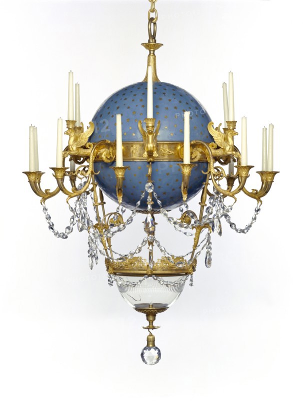 Chandelier; Gérard-Jean Galle, French, 1788 - 1846, Paris, France; about 1818 - 1819; Gilt bronze; enameled metal; glass