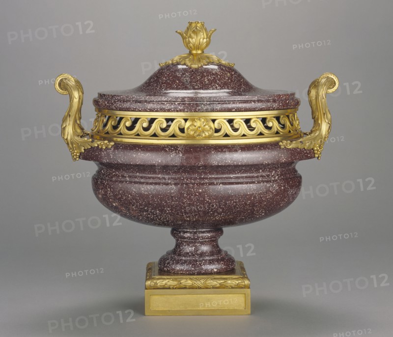 Lidded Bowl; Egypt; about 1770; Egyptian porphyry and gilt bronze mounts; 40.6 x 41.9 x 24.1 cm, 16 x 16 1,2 x 9 1,2 in