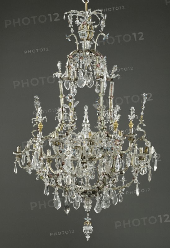 Chandelier; Paris, France; about 1710 - 1715; Colored glass, glass, colored foils, rock crystal, gilt bronze, and silver-plated