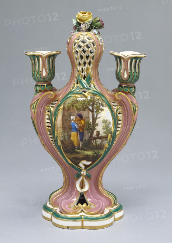 Vase; Painted by Charles-Nicolas Dodin, French, 1734 - 1803, Sèvres, France; 1759; Soft paste porcelain, pink and green ground