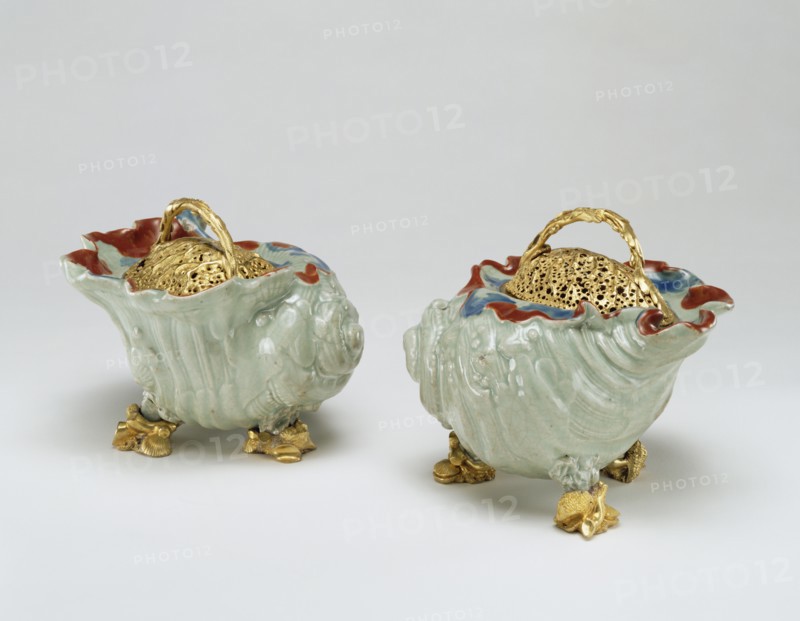 Pair of Pot-pourri Bowls; porcelain about 1660 - 1680; mounts about 1750; Hard-paste porcelain, celadon ground color