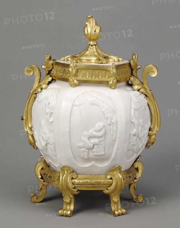 Lidded Pot; Paris, France; porcelain about 1690 - 1700; mounts about 1765 - 1770; Hard-paste porcelain, blanc de chine, gilt