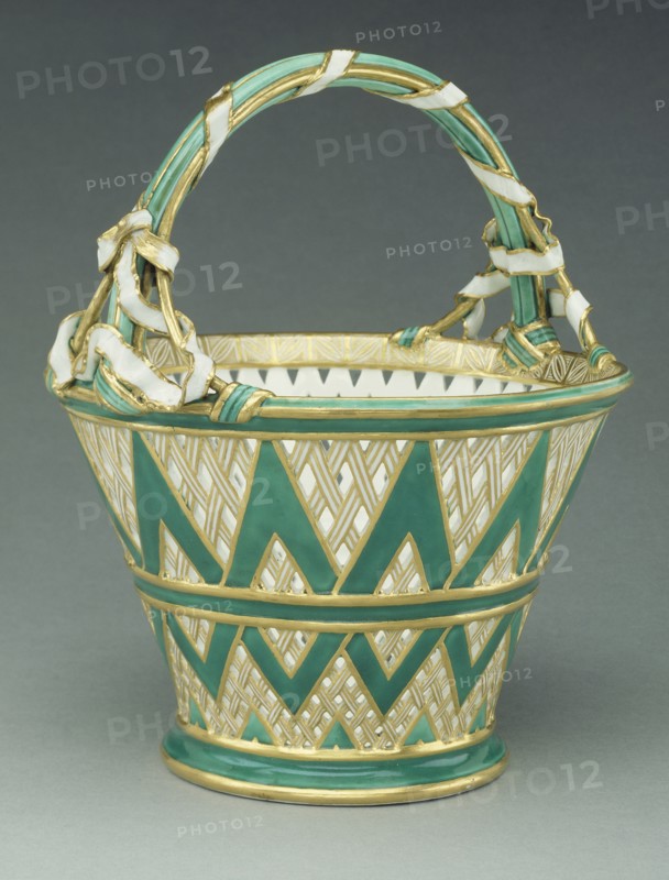 Basket; Sèvres Manufactory, French, 1756 - present, Sèvres, France; 1756; Soft paste porcelain, green ground color; gilding; 21