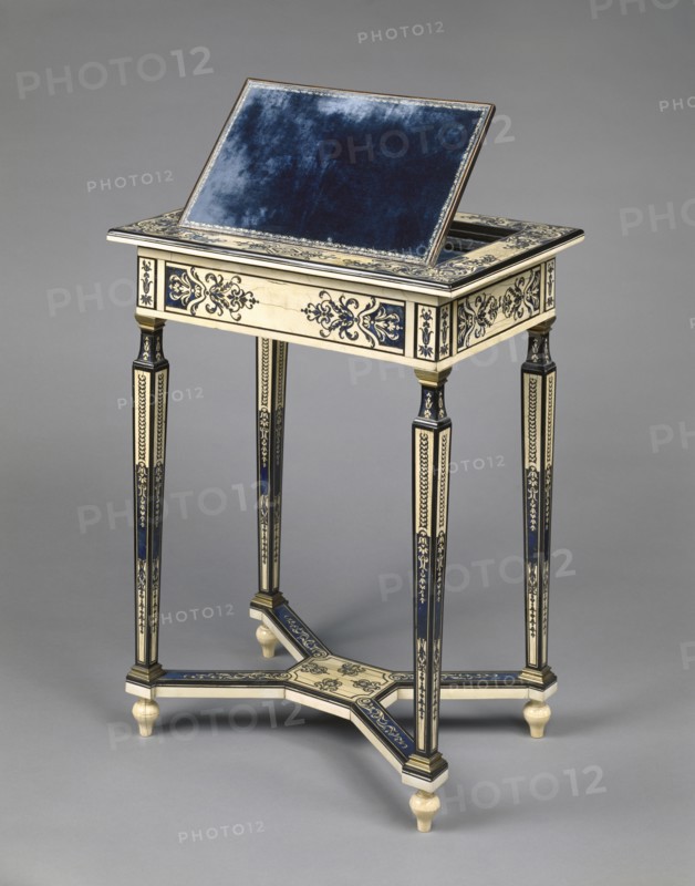 Reading and Writing Table; Paris, France; about 1670 - 1675; Oak veneered with ivory, blue-painted horn, ebony, rosewood