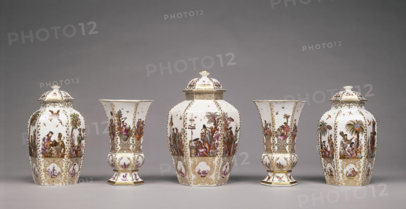 Assembled Set of Five Vases; Decoration attributed to Johann Gregor Höroldt, German, 1696 - 1775, Meissen Porcelain Manufactory