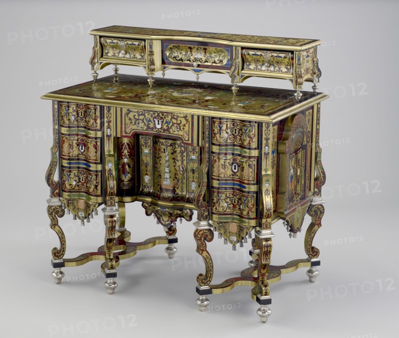 Desk; Paris, France; about 1692 - 1700; Fir, veneered with brass, copper, silver, ebony, bone, horn, some painted blue, green