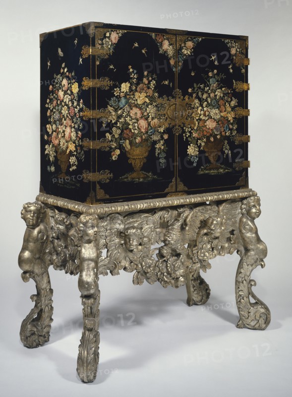 Cabinet on Stand; England; about 1690 - 1700; Painted and silvered wood, brass mounts; 161.8 x 104.7 x 59.6 cm