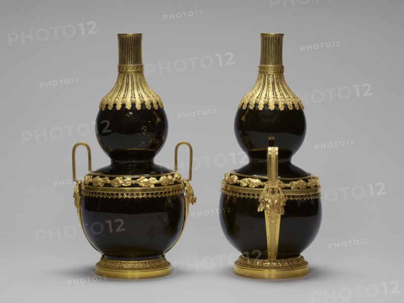 Pair of Vases; China; porcelain 1662 - 1722; mounts about 1770 - 1775; Hard-paste porcelain, black ground color and gilding