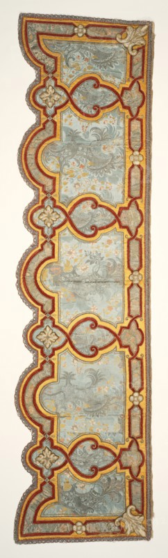 Upper outer proper left valence; about 1690 - 1715; Silk satin; cording; velour; silk embroidery; damask panels with linen