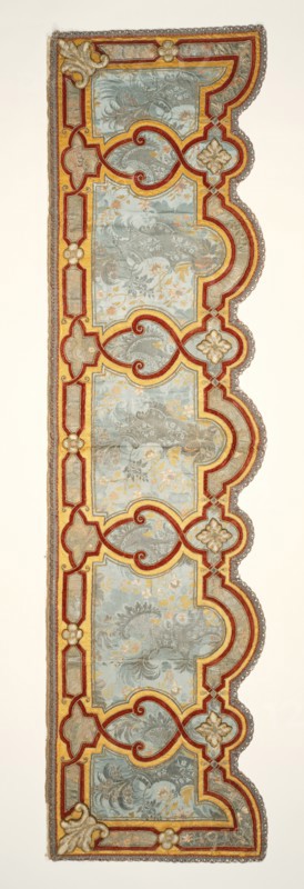 Upper outer proper right valence; about 1690 - 1715; Silk satin; cording; velour; silk embroidery; damask panels with linen