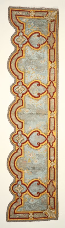 Lower proper left valence; about 1690 - 1715; Silk satin; cording; velour; silk embroidery; damask panels with linen linings