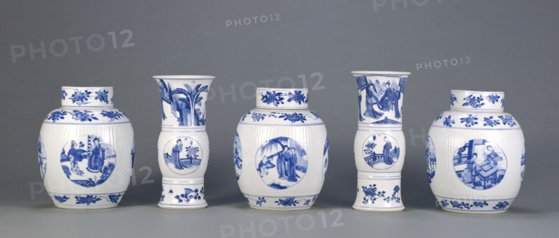 Five Piece Garniture Consisting of Three Lidded Jars and Two Beakers; 1662 - 1722; Hard-paste porcelain with underglaze blue