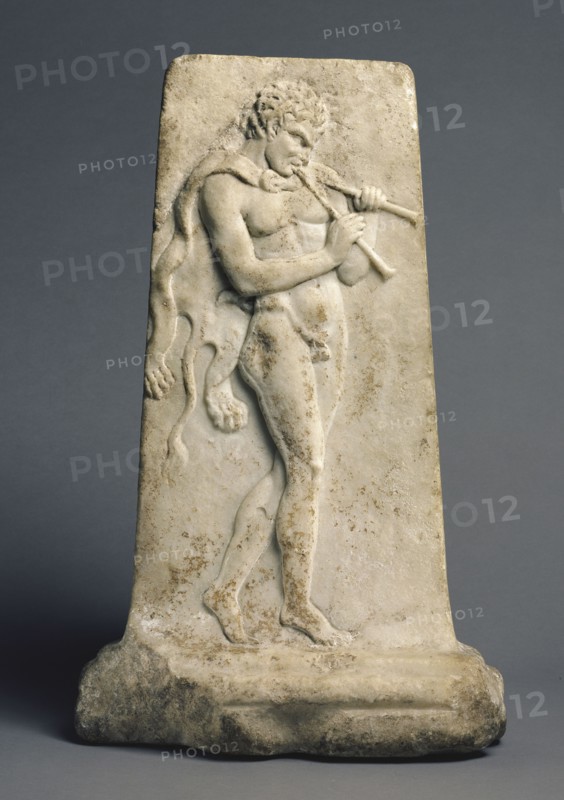 Relief with a Satyr Playing Pipes; Roman Empire; 80 B.C. - A.D. 125; Marble; 50.2 × 31.8 cm, 19 3,4 × 12 1,2 in