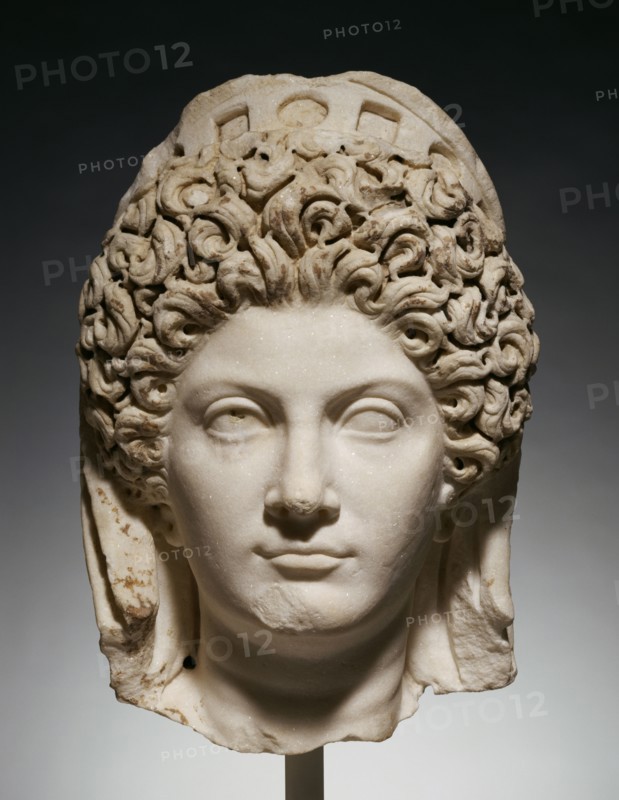 Head of Julia Titi; Roman Empire; about 90; Marble with polychromy; 33 × 22.5 × 24.4 cm, 13 × 8 7,8 × 9 5,8 in
