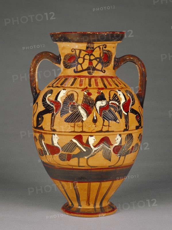 Attic Black-Figure Amphora,  Tyrrhenian , Attributed to Pointed Nose Painter; Athens, Greece; 575 - 550 B.C; Terracotta