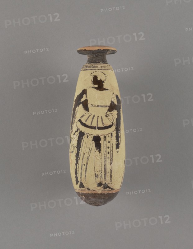Attic White-ground Alabastron; Athens, Greece; about 480 B.C; Terracotta; 14.5 cm, 5 11,16 in