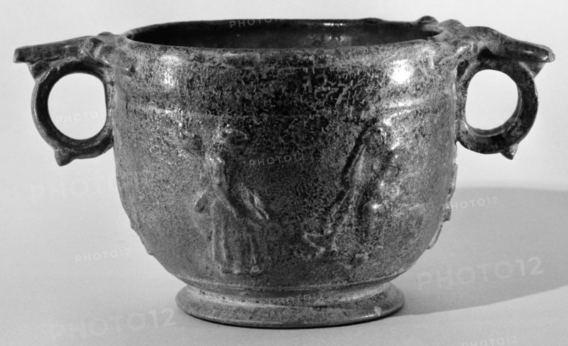 Lead-Glazed Skyphos; Roman Empire; 1st century; Terracotta; 9 × 19.7 × 13.1 cm, 3 9,16 × 7 3,4 × 5 3,16 in