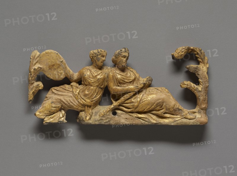 Relief with Two Maenads; Tarentum, Taras, South Italy; 350 - 300 B.C; Terracotta with foil gilding and polychromy, pink)